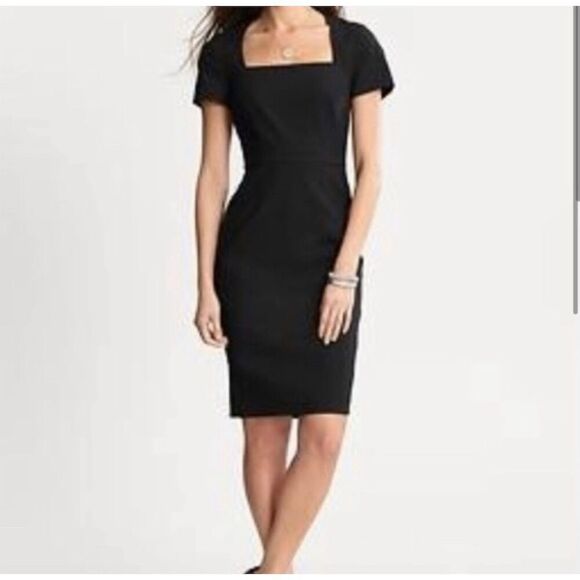 Banana Republic Dresses & Skirts - Banana Republic Black Square Neck Wool Sloan Fitted Sheath Midi Dress Size 4